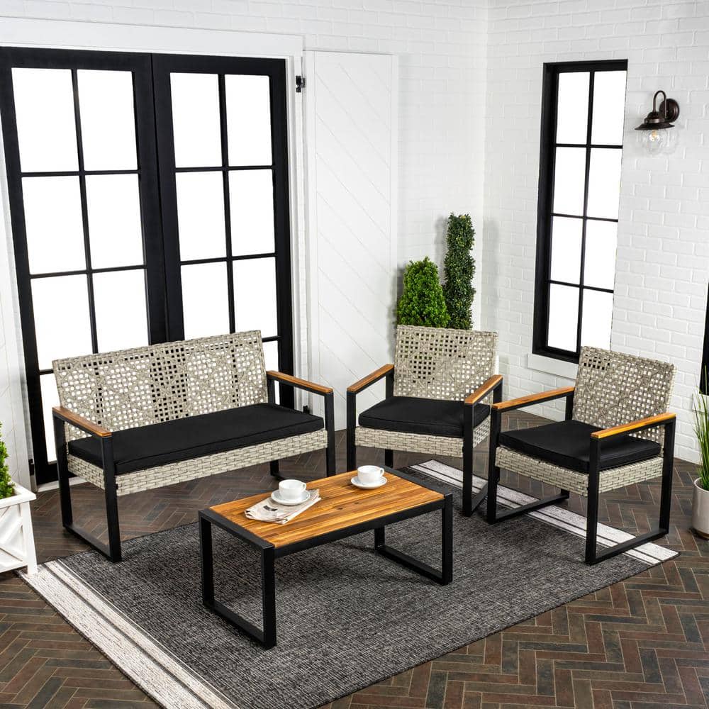Wilder Black and Natural Faux Wicker 4-Piece Patio Set