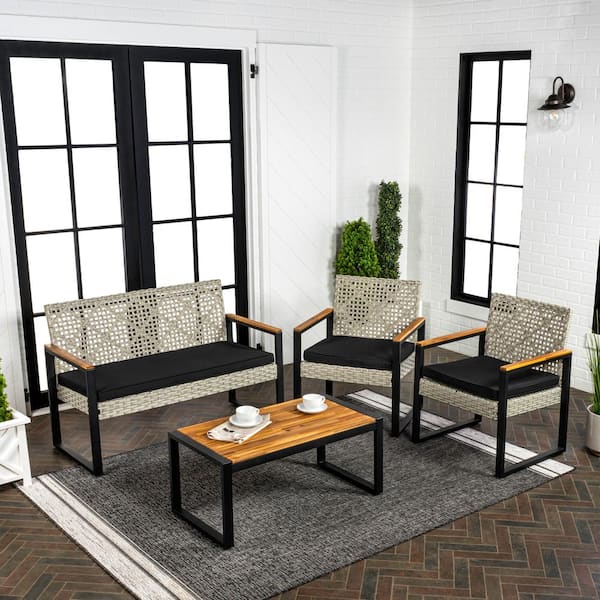 Wilder 4-Piece Modern Coastal Faux Wicker Patio Conversation Outdoor Patio Set, White Wash/Black/Natural