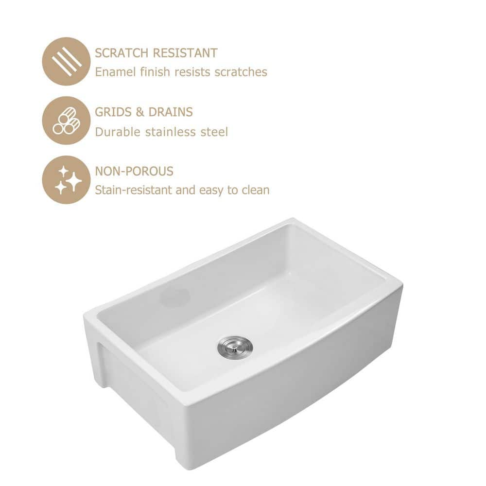 30'' Glossy White Ceramic Farmhouse Apron-Front Single Bowl Kitchen Sink