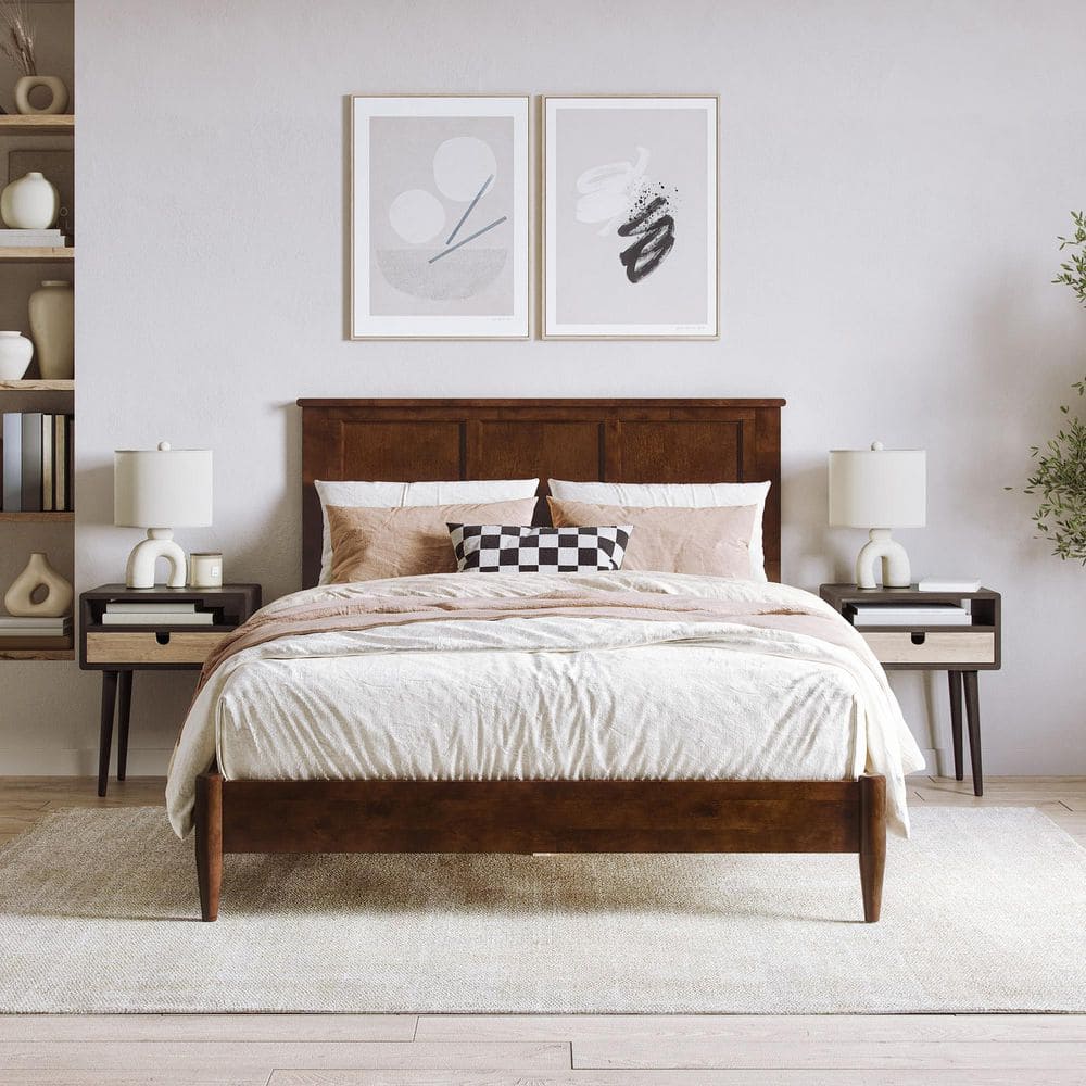Charlotte Full Walnut Solid Wood Platform Bed with Headboard