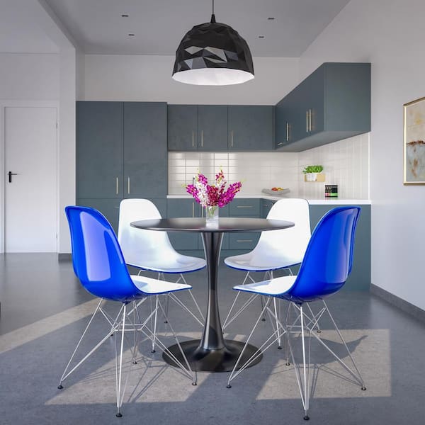 5-Piece Dining Set 35 in. Round Dining Table with 4 ABS Plastic Side Chair with Chrome Base in White Blue