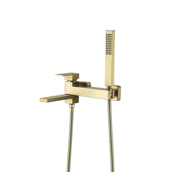 1-Handle Wall Mounted Roman Tub Faucet 90° Rotating Spout Bathtub Faucet with Hand Shower in Brushed Gold