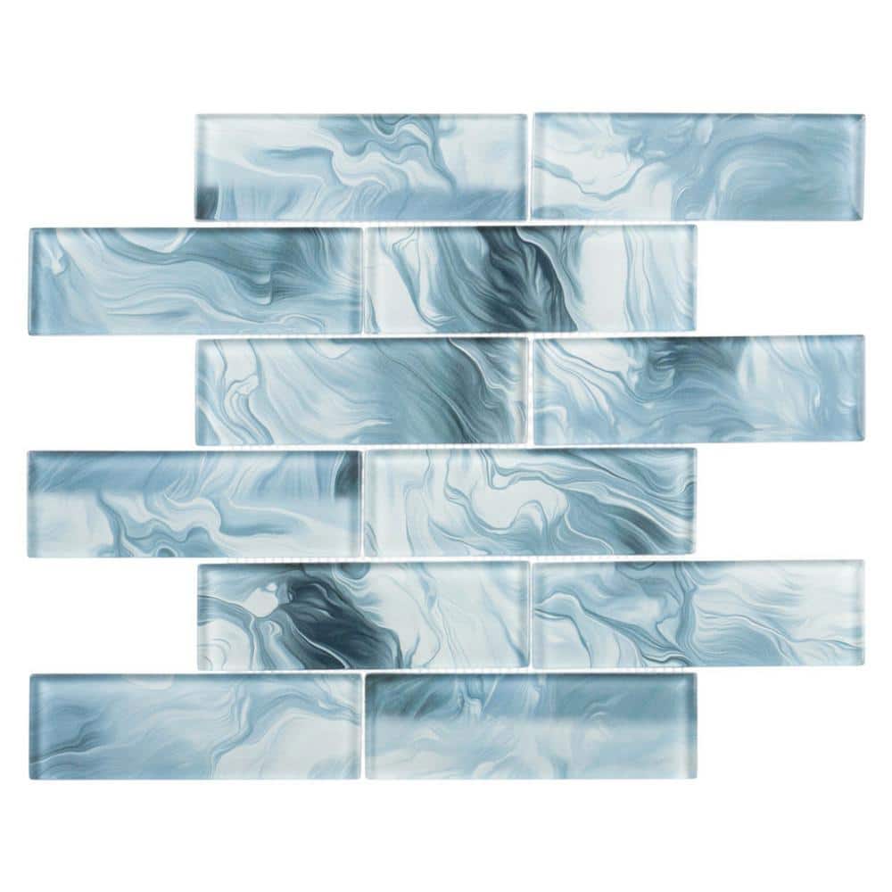 Dunar Osan Blue 2 in. x 6 in. Brick Joint Marble Look Glossy Glass Mosaic W