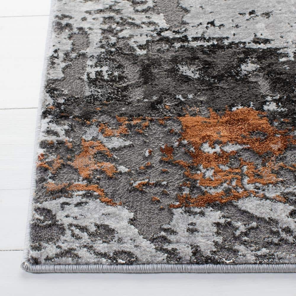 Grey and Orange Abstract Synthetic Runner Rug, 2'3" x 12'