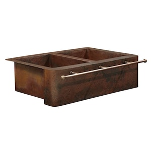 Bernini Farmhouse Apron Front Handmade Pure Solid Copper 30 in. Double Bowl 50/50 Kitchen Sink with Towel Bar