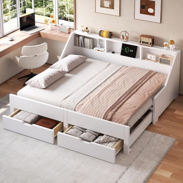 White Twin to King Convertible Wood Daybed with Storage Shelves, USB Ports and 2 Drawers