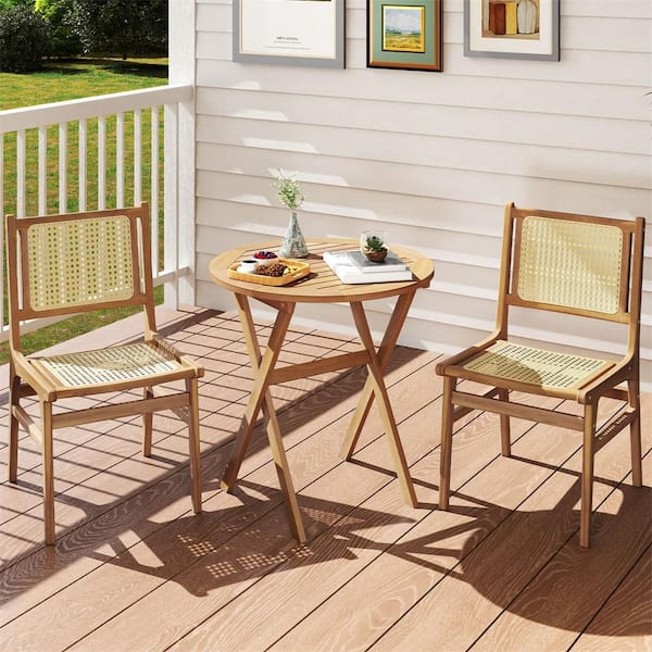 Natural Round Wood Outdoor Bistro Table with Slatted Tabletop and X-Shaped Structure Coffee Table