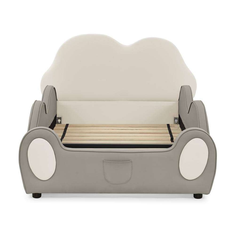 AP-Joy Cute Cloud-Shaped Kids Bed with Guardrail, Safety PU Wooden Toddler Bed, Twin Size, Beige & Grey