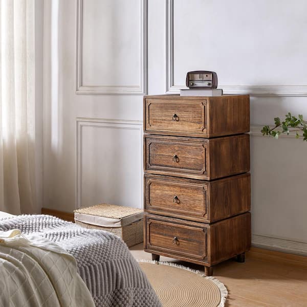 JAYDEN CREATION Geraint Walnut Transitional 4 - Drawer Nightstand with Paulownia Wood Tracks Set of 2