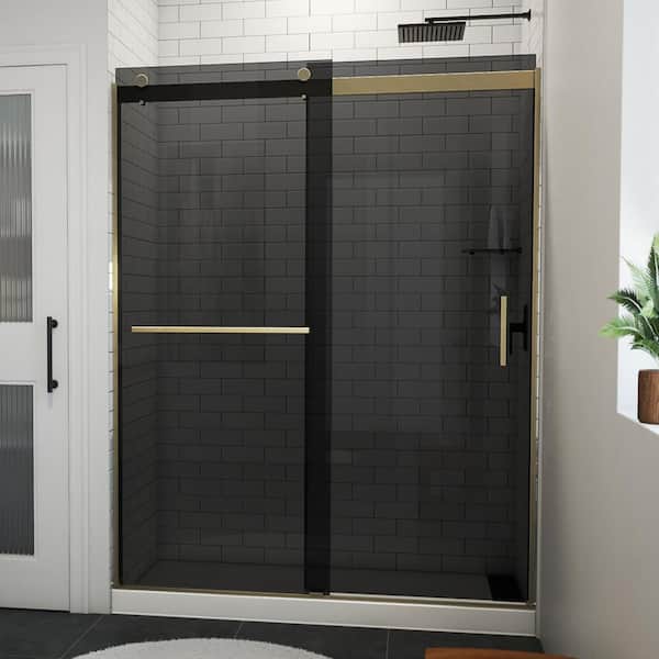 DreamLine Sapphire-V 60 in. W x 76 in. H Sliding Semi-Frameless Bypass Shower Door in Brushed Gold with Gray Glass