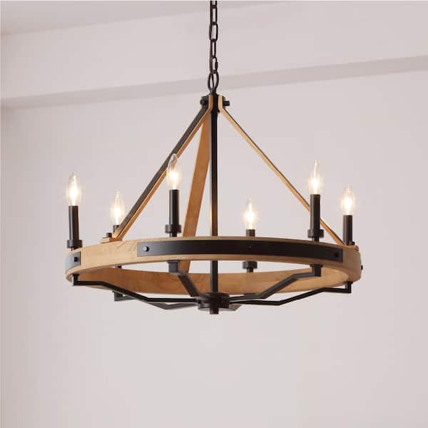 Savannah 26 in. 6-Light Natural Brown and Matte Black Chandelier - Rustic Farmhouse Round Pendant Chandelier