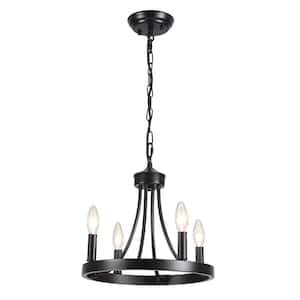 Farmhouse 4-Light Black Candle Design Iron Circle Hanging Wagon Wheel Chandelier for Dining Room with No Bulbs Included