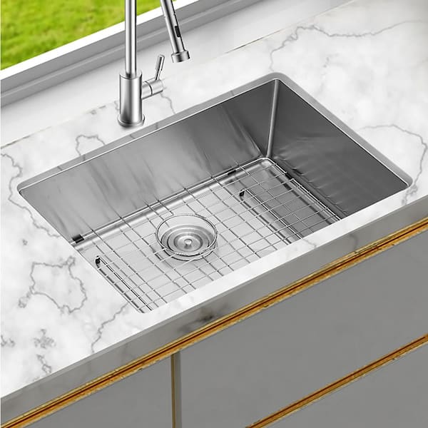 27 in. Undermount Single Bowl 16-Gauge Brushed Nickel Stainless Steel Kitchen Sink with Bottom Grids