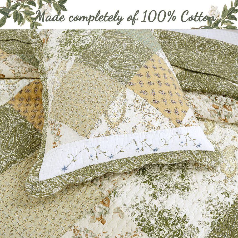 Olive Green and Beige Cotton Twin Reversible Quilt Set