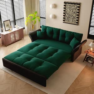 74.8 in. Green Velvet Queen Size Sofa Bed Convertible Loveseat with 2 Soft Pillows