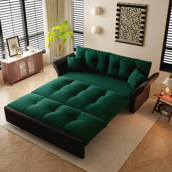 Harper & Bright Designs 74.8 in. Green Velvet Queen Size Sofa Bed Convertible Loveseat with 2 Soft Pillows