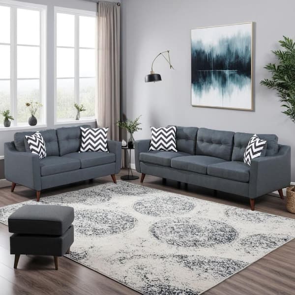 Roli 30.3 in. Square Arm Polyfiber Rectangle Shape with 4 Accent Pillow Sofa in. Blue and Brown (Set of 2)