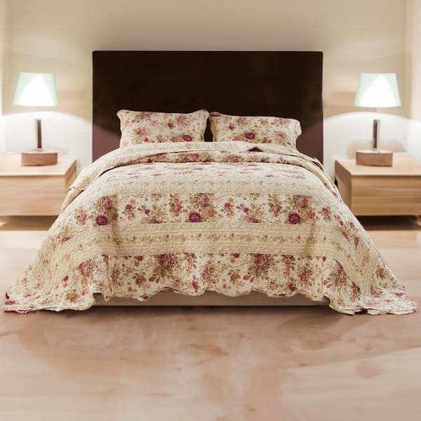 Rosle Cream and Pink Floral Print King Size Cotton Bedspread Set