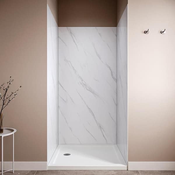 DSH-1740-193 36 in. L x 36 in. W x 76 in. H 3-Piece Glue-Up Alcove Shower Surround in White Marble Finish