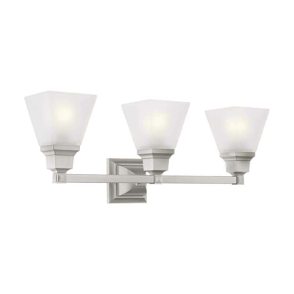 Brushed Nickel 3-Light Bathroom Vanity with Satin Glass Shades