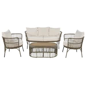 4-Piece Rattan Patio Conversation Set with 5 Seating Set and Coffee Table for Porch, Backyard and Garden (Brown Grey)