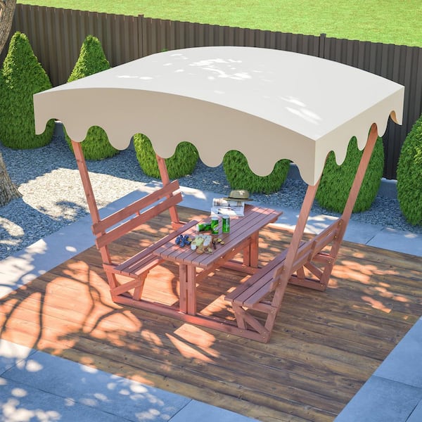 111 in. W Brown Rectangle Wood Outdoor Waterproof Picnic Table and Bench Set with Removable Canopy