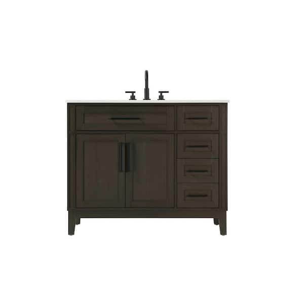 42 in. Single Sink Freestanding Mocha Brown Bath Vanity with Marble White Engineered Marble Top