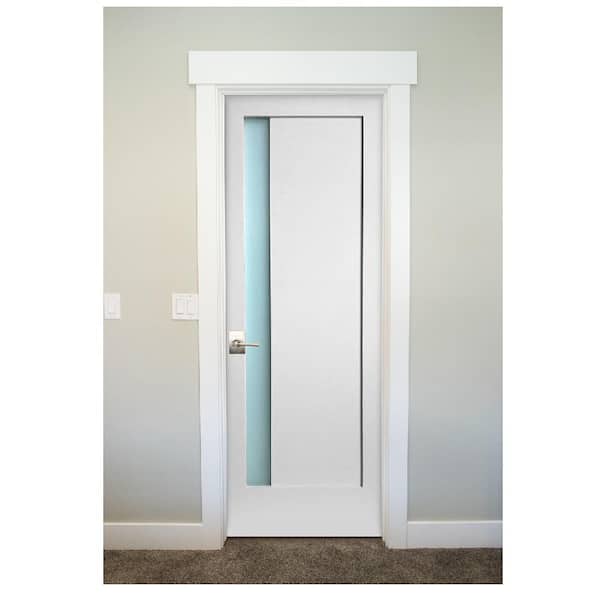 32 in. x 80 in. 1-Lite Narrow Satin Etch Primed Right-Handed Solid Core MDF Single Prehung Interior Door