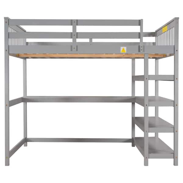 STICKON Gray Full Size Loft Bed with Storage Shelves and Under-Bed Desk