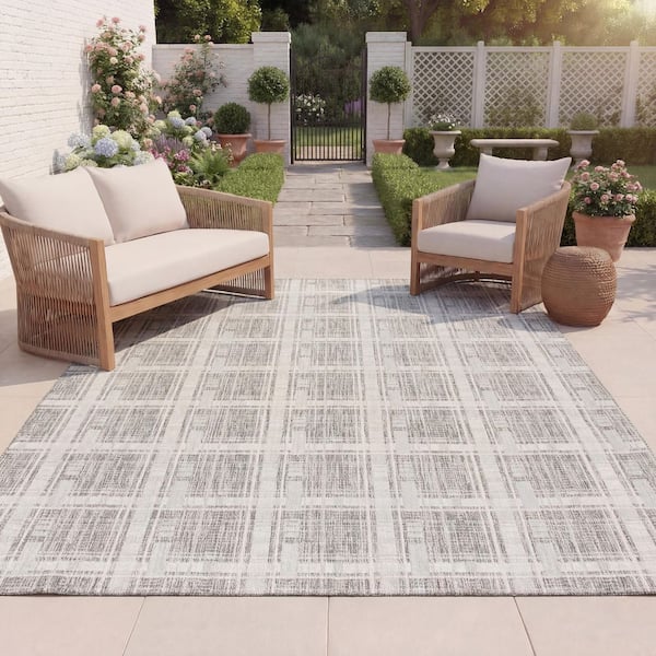 Beach House 9 ft. x 12 ft. Gray/Ivory Geometric Abstract Indoor/Outdoor Area Rug