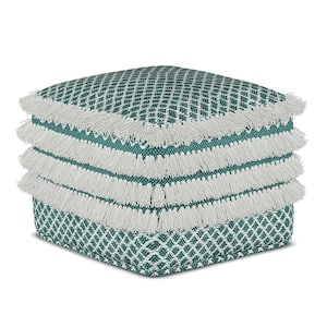 Leah Square Woven Pouf in Turquoise and White Recycled PET Polyester