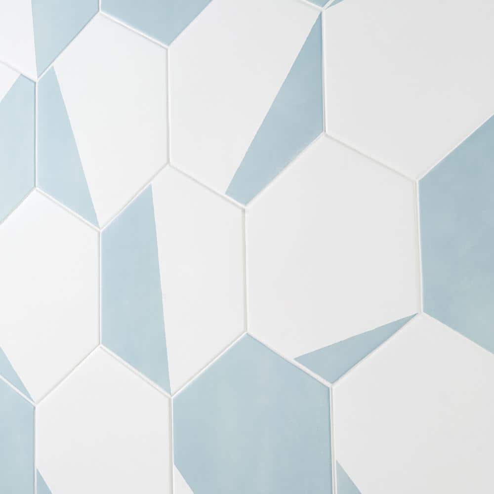 GeoHex Turquoise and White 8" Matte Porcelain Hexagon Tile