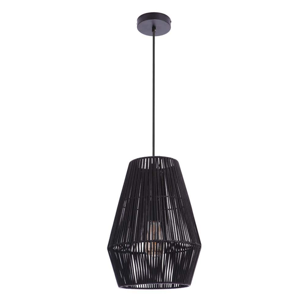 Flat Black Rattan and Iron Indoor/Outdoor Pendant Light