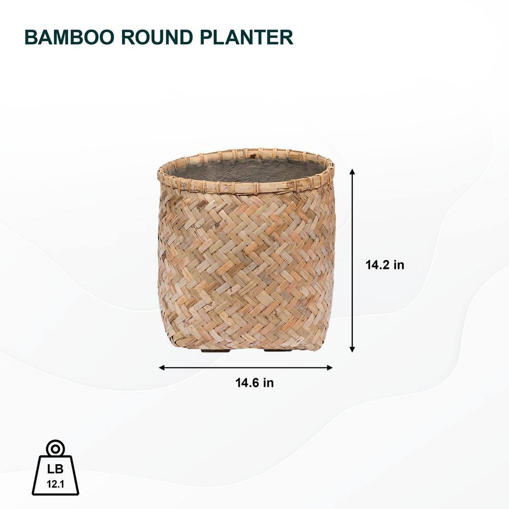 Natural Bamboo and Cement Round Indoor Outdoor Planter, 14.6"
