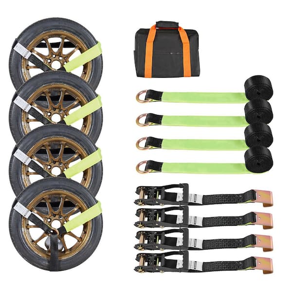 Wheel Chock Tie-Down Kit, Tire-Style Trailer Tie Down Strap, Car Tie Down Kit with Flat Hook, Break Strength 10009 lbs.