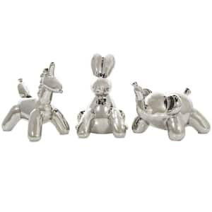 Silver Ceramic Balloon Animal Inspired Elephant, Bunny, Unicorn Sculpture (Set of 3)