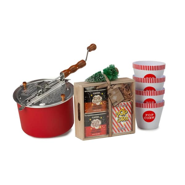 Whirley Pop 6 qt. Aluminum Red Stovetop Popcorn Popper with Retro Tin Box Set