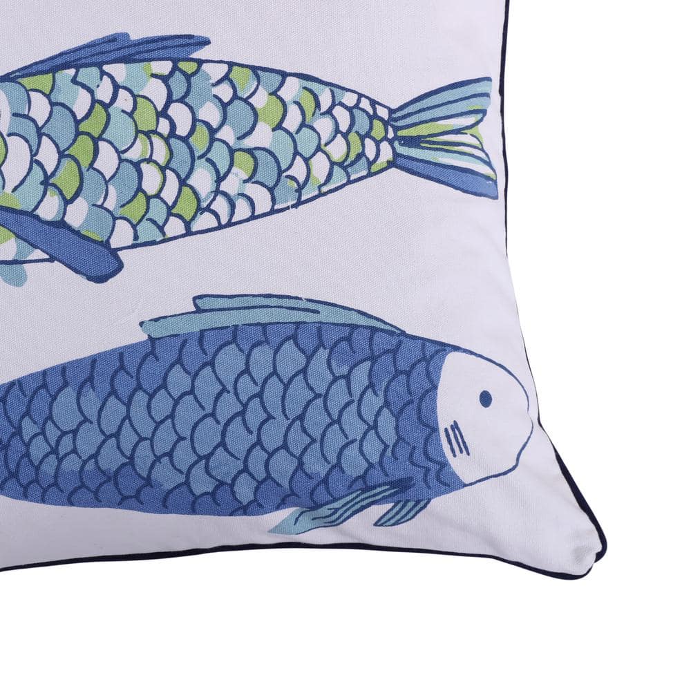 White and Blue Marine Fish Print Feather Throw Pillow
