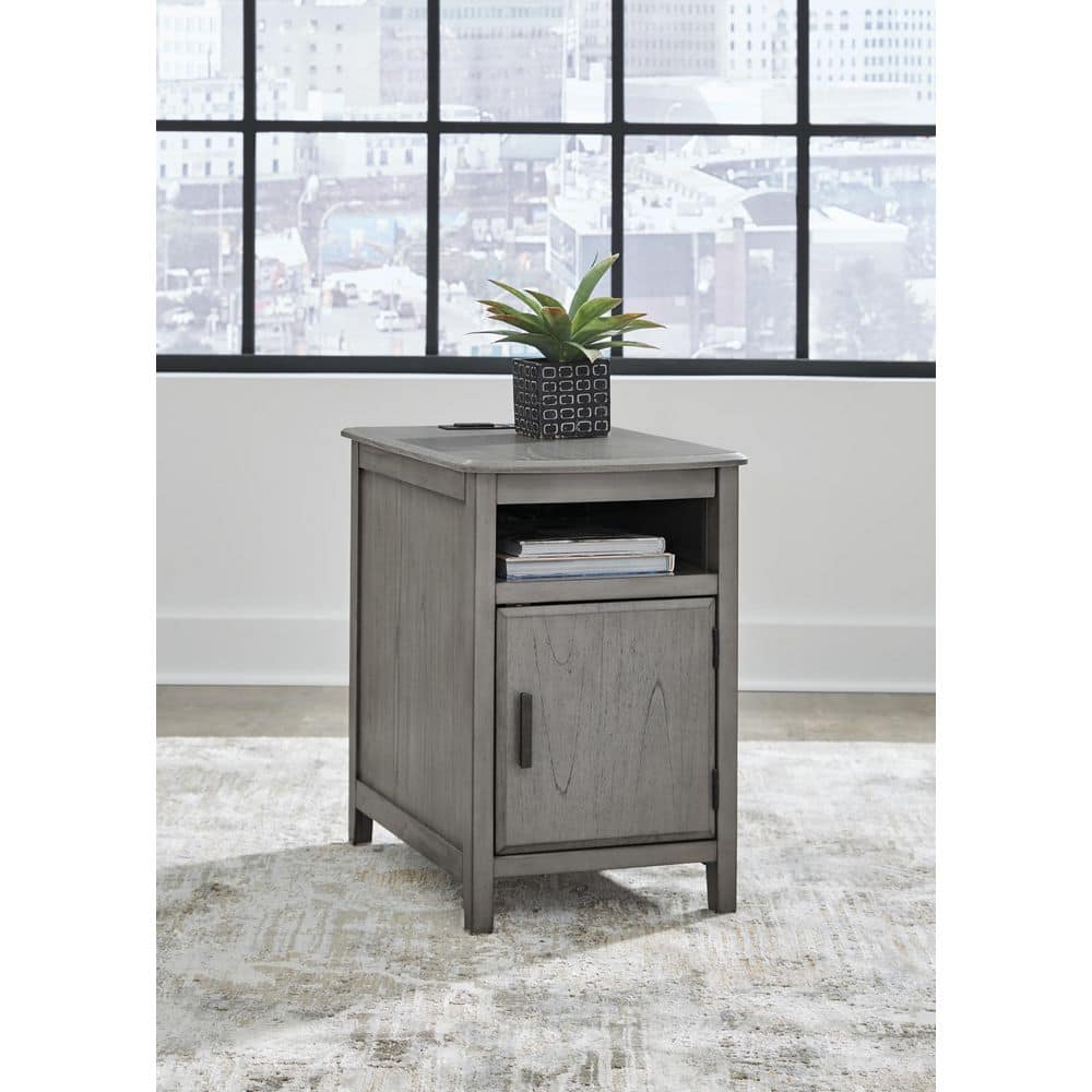 Gray Wood Rectangular End Table with Storage and USB Ports