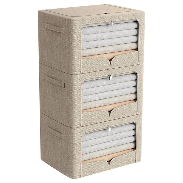 100 Qt. Linen Clothes Storage Bin with Lid in Beige (3-box)