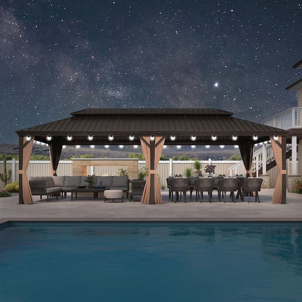 14 ft. x 28 ft. Bronze Patio Outdoor Gazebo for Backyard Hardtop Aluminum Frame, Hooks, Netting, Khaki Curtain,48-Lights