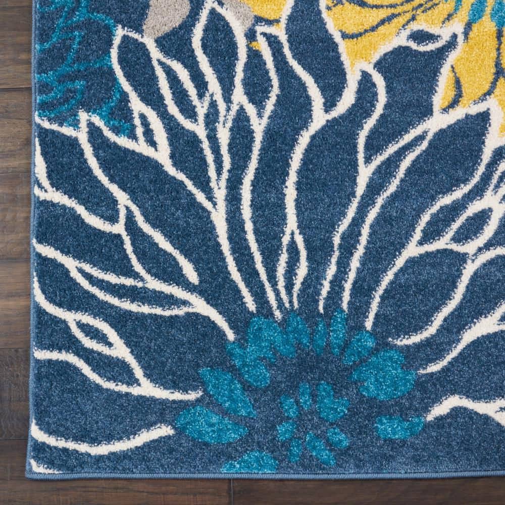 Blue and Yellow Floral Synthetic Easy Care Area Rug
