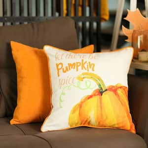 Pumpkin and Solid Orange Decorative Fall Thanksgiving  18 in. x 18 in. Square Throw Pillow Cover (Set of 2)