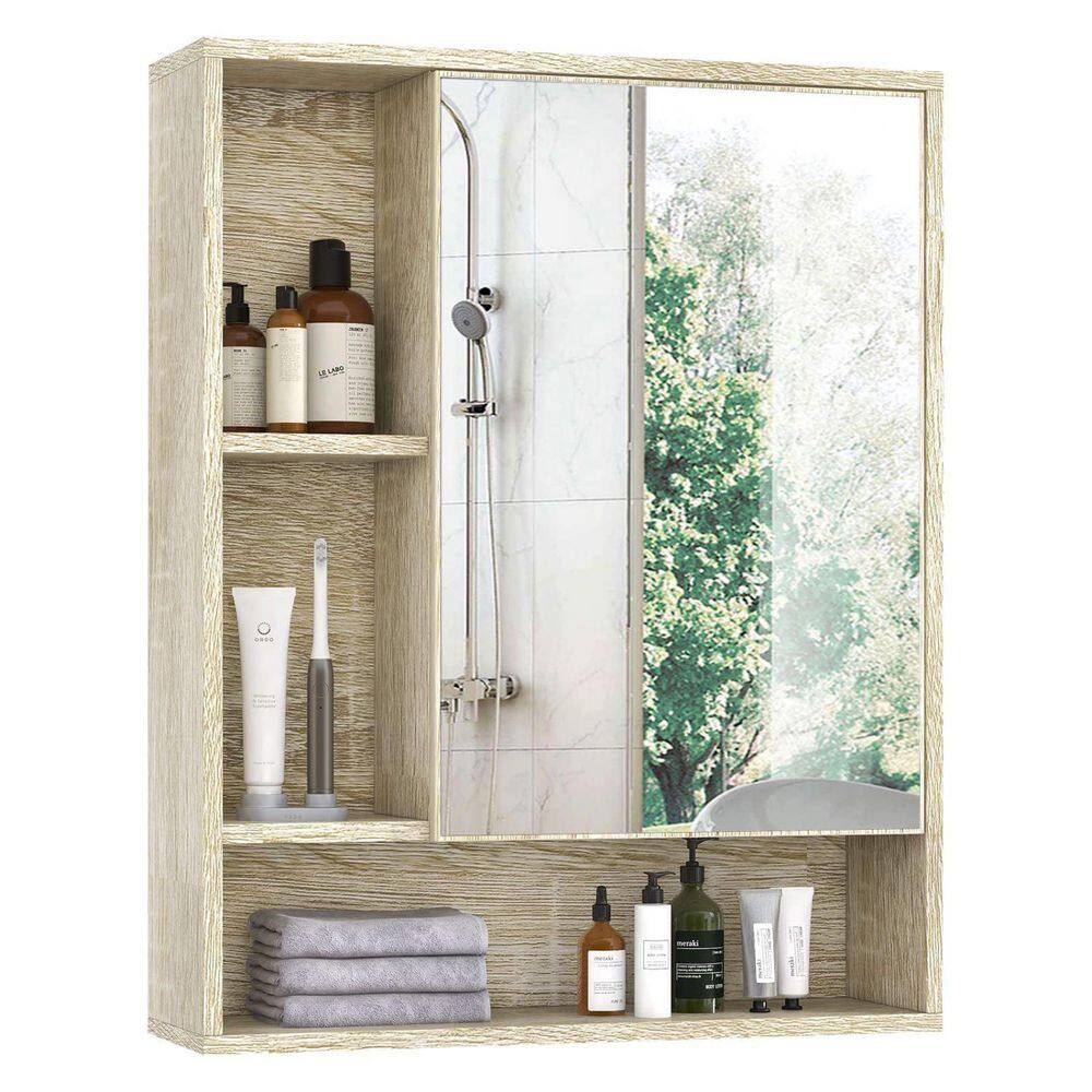 Dracelo 21.6 in. W x 6.3 in. D x 24 in. H White Oak Bathroom Mirror Wall Cabinet with Single ...