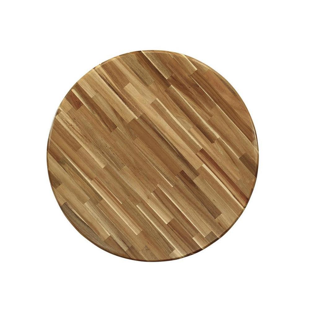 Natural Rubber Wood Round Dining Table Set with Beige Linen Chairs
