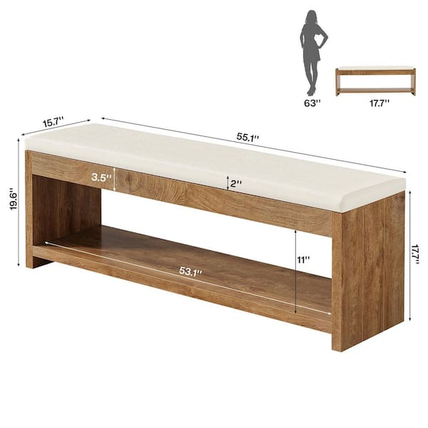 55.12 in. L Brown Wood Entryway Bench with Cushion, End of Bed Bench with Storage