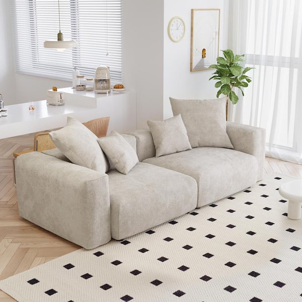J&E Home 102.36 in. Square Arm Corduroy Velvet Rectangle Sofa in. Beige