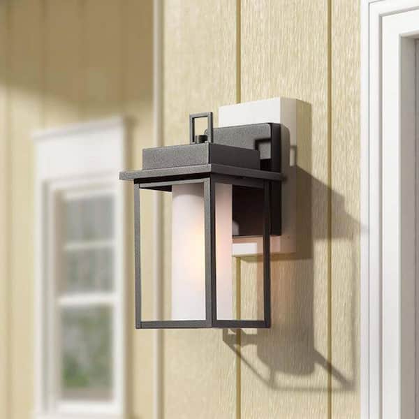 Modern Black Outdoor Light Fixtures, 1-Light Textured Square Outdoor Wall Lantern Sconce with Frosted Glass Shade