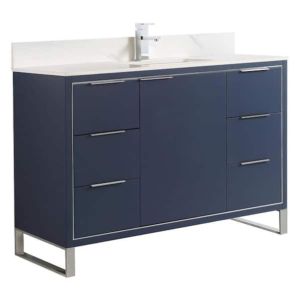 FINE FIXTURES Opulence 48 in. W x 18 in. D x 33.5 in. H Single Sink Bath Vanity in Navy Blue with White Carrara Top