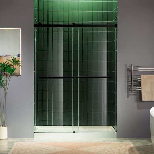 60 in. W x 80 in. H Double Sliding Frameless Shower Door in Matte Black Finish with 5/16 in. Clear Glass